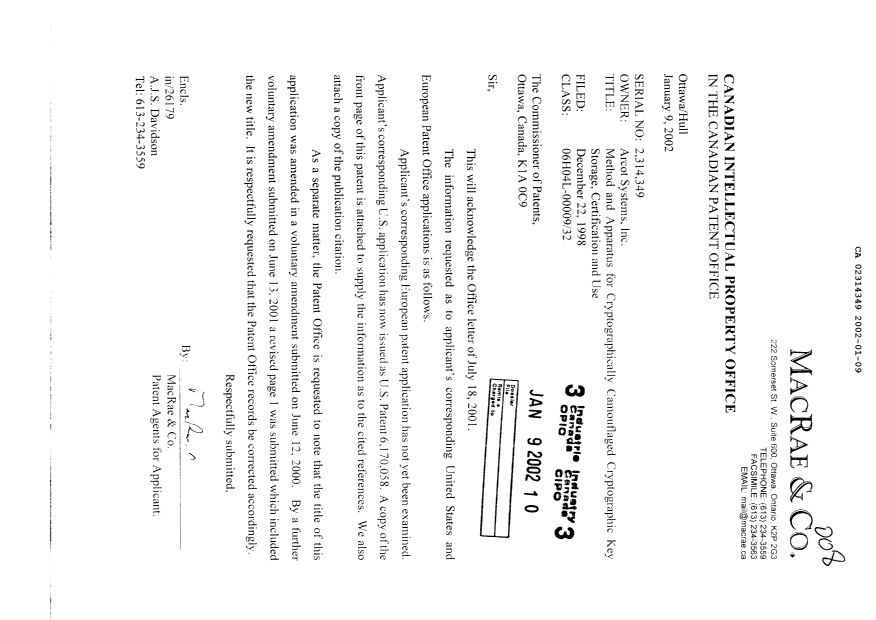 Document de brevet canadien 2314349. Poursuite-Amendment 20020109. Image 1 de 1