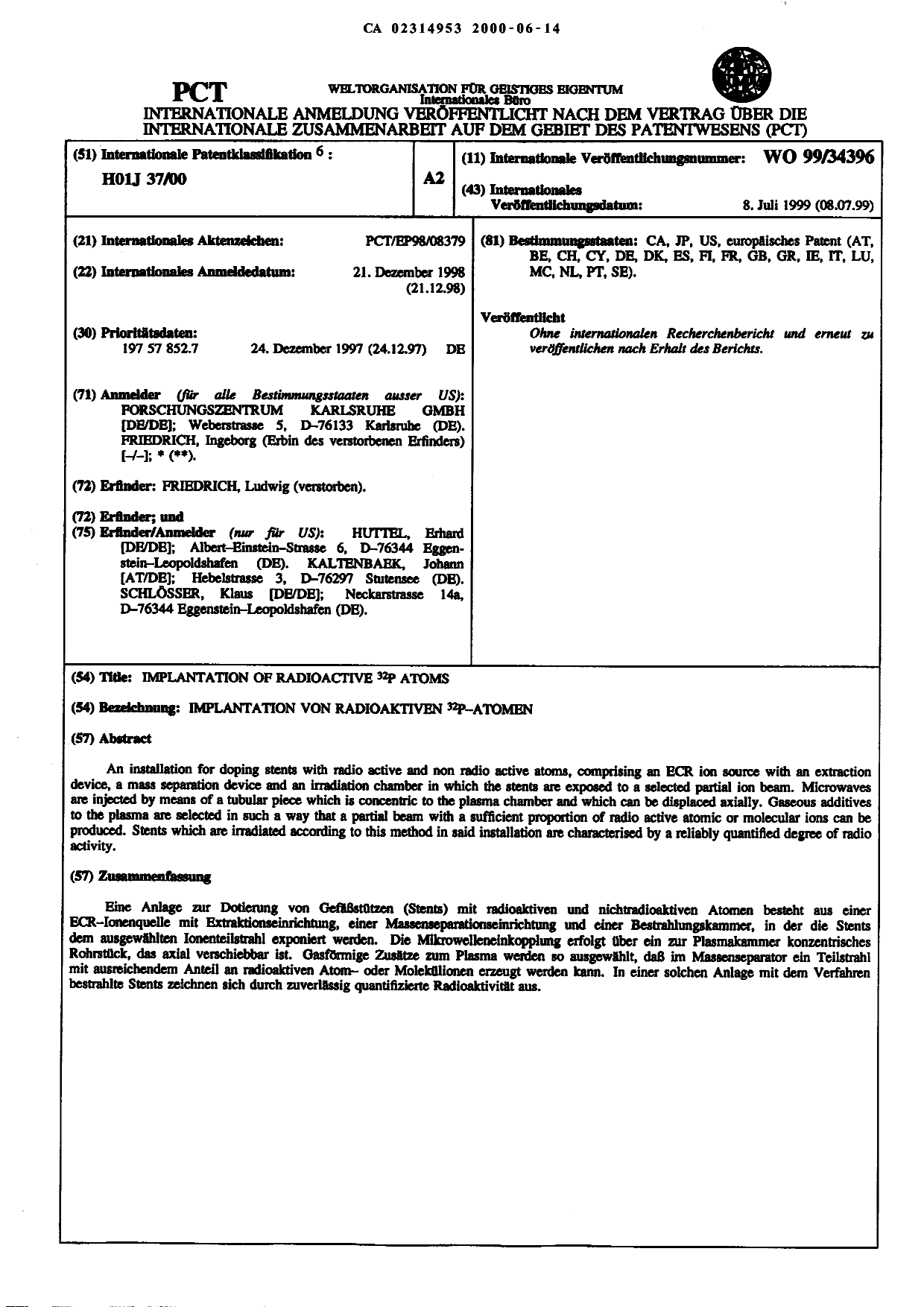 Document de brevet canadien 2314953. Abrégé 20000614. Image 1 de 1