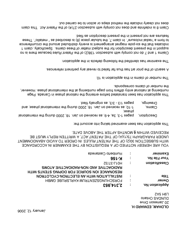 Canadian Patent Document 2314953. Prosecution-Amendment 20060112. Image 1 of 3