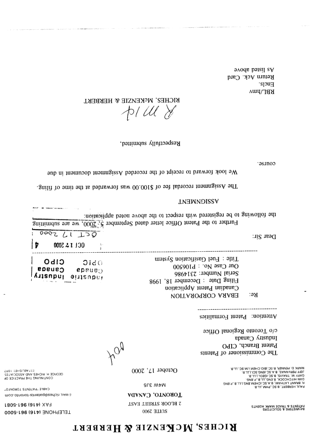 Canadian Patent Document 2314986. Assignment 20001017. Image 1 of 2