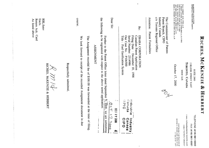 Document de brevet canadien 2314986. Cession 20001017. Image 1 de 2