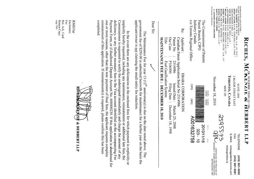 Document de brevet canadien 2314986. Taxes 20101118. Image 1 de 1