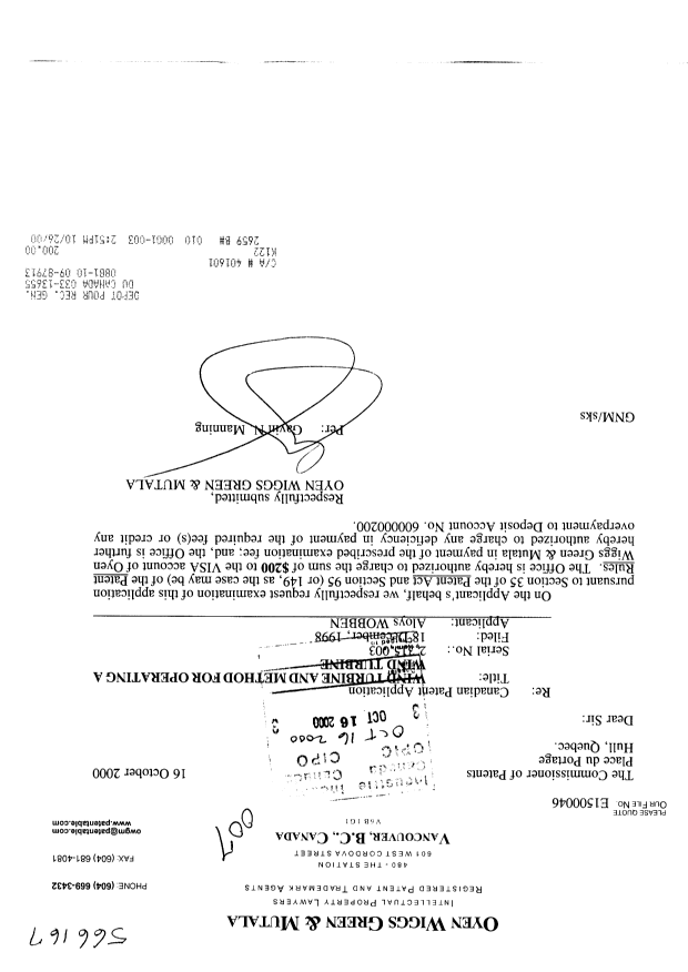 Canadian Patent Document 2315003. Prosecution-Amendment 20001016. Image 1 of 1