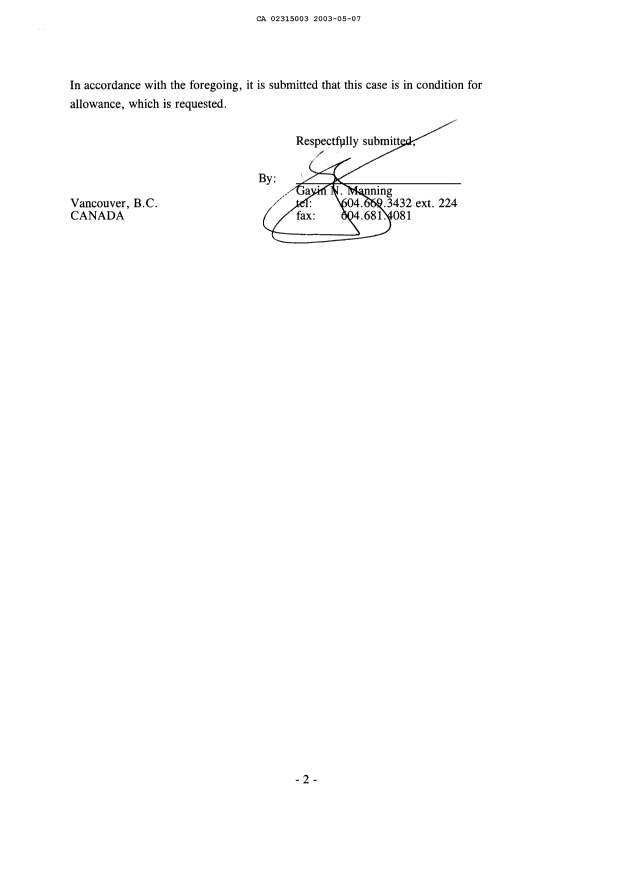 Canadian Patent Document 2315003. Prosecution-Amendment 20030507. Image 2 of 4