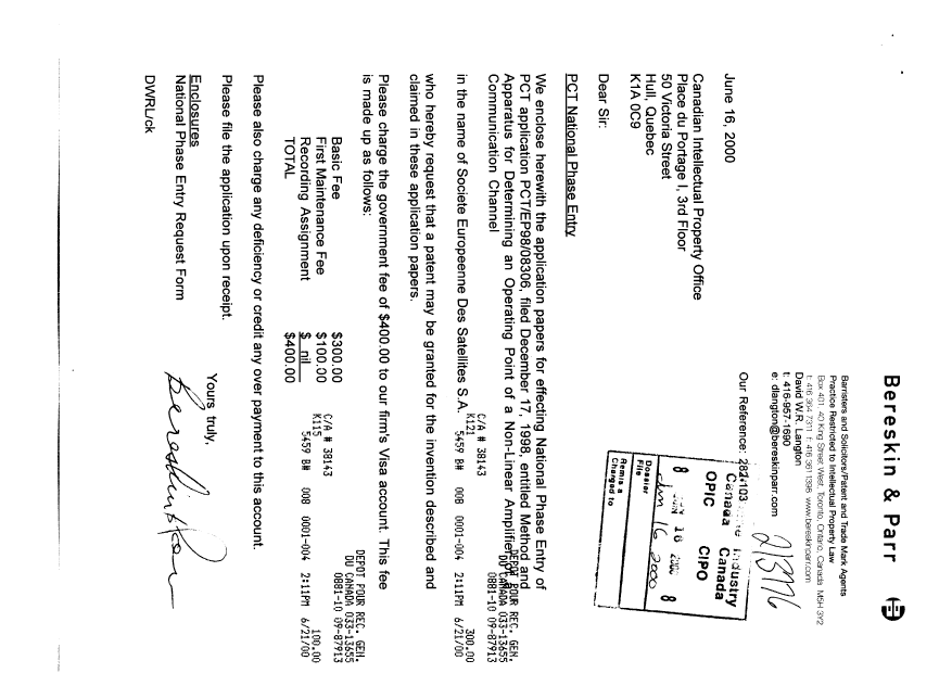 Canadian Patent Document 2315053. Assignment 20000616. Image 1 of 3