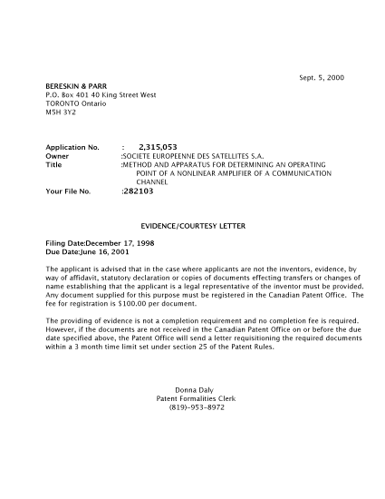 Canadian Patent Document 2315053. Correspondence 20000829. Image 1 of 1