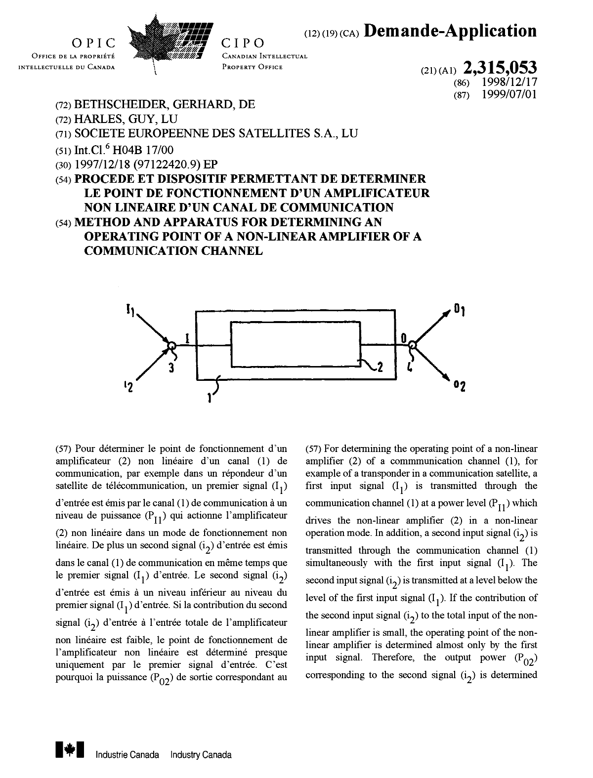 Canadian Patent Document 2315053. Cover Page 20000913. Image 1 of 2
