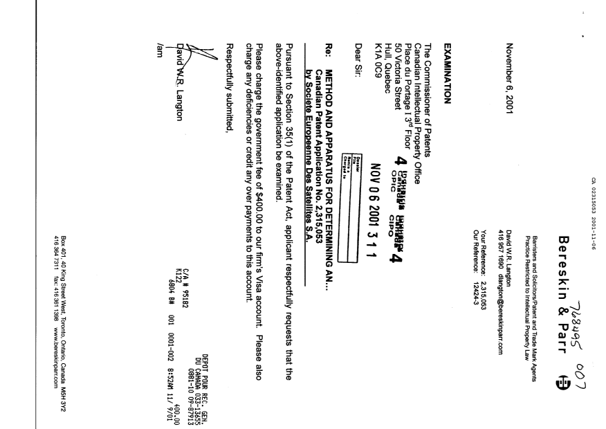 Canadian Patent Document 2315053. Prosecution-Amendment 20011106. Image 1 of 1