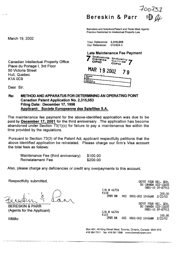 Document de brevet canadien 2315053. Taxes 20020319. Image 1 de 1