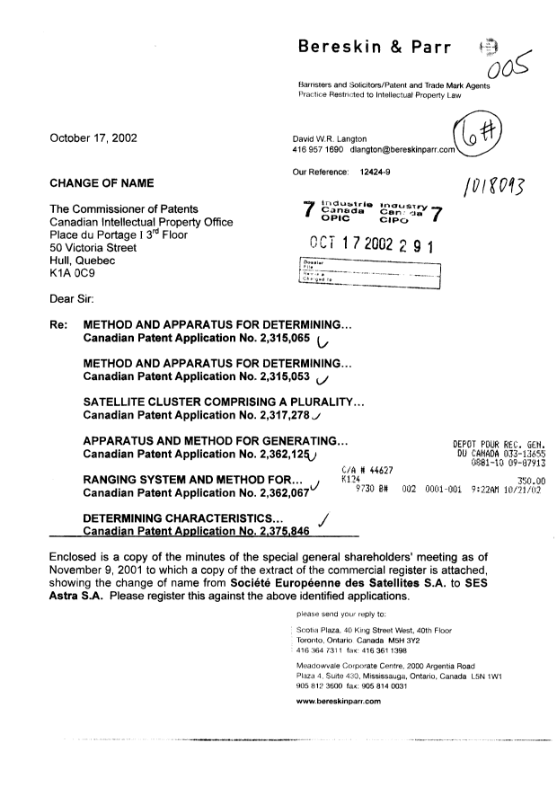 Document de brevet canadien 2315053. Cession 20021017. Image 1 de 15