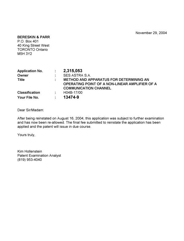 Document de brevet canadien 2315053. Correspondance 20041129. Image 1 de 1