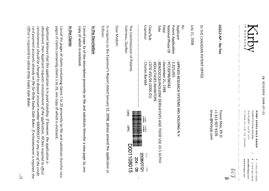 Document de brevet canadien 2315055. Poursuite-Amendment 20080721. Image 1 de 16