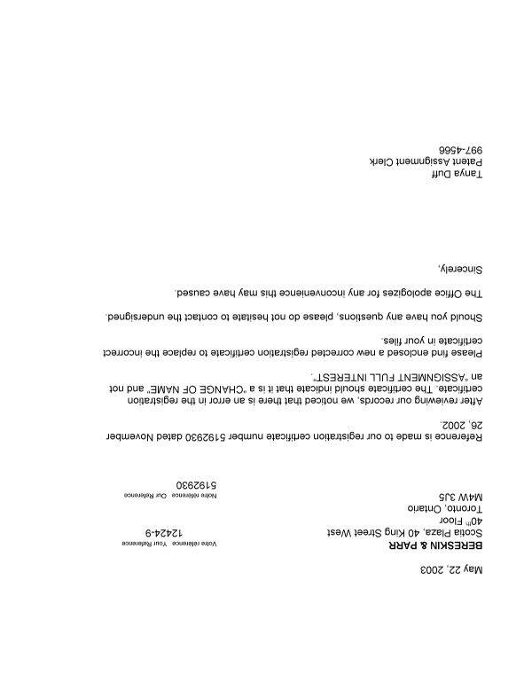 Canadian Patent Document 2315065. Correspondence 20030522. Image 1 of 1