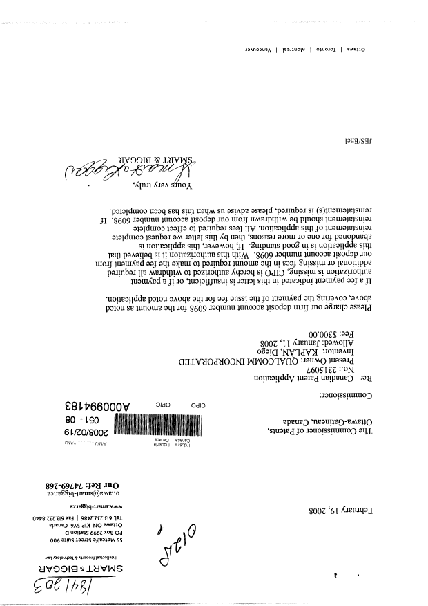 Canadian Patent Document 2315097. Correspondence 20080219. Image 1 of 1