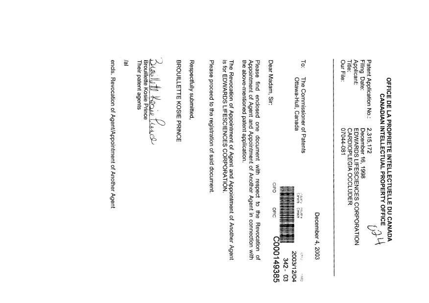 Canadian Patent Document 2315172. Correspondence 20031204. Image 1 of 2