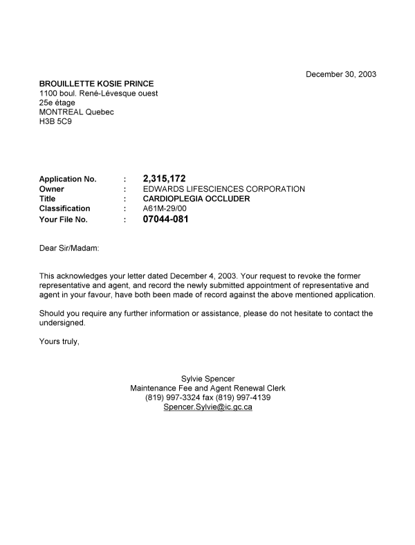 Document de brevet canadien 2315172. Correspondance 20031230. Image 1 de 1