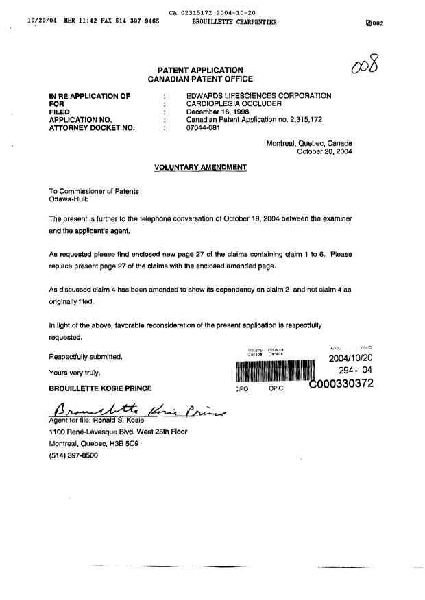 Document de brevet canadien 2315172. Poursuite-Amendment 20041020. Image 1 de 3