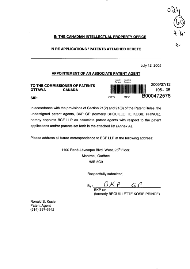Document de brevet canadien 2315172. Correspondance 20050712. Image 1 de 4