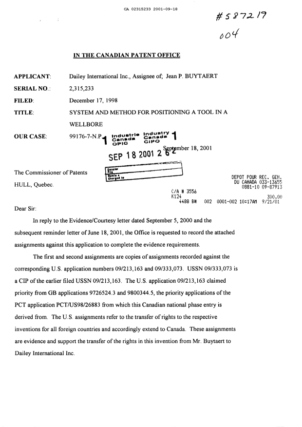 Document de brevet canadien 2315233. Cession 20010918. Image 1 de 15