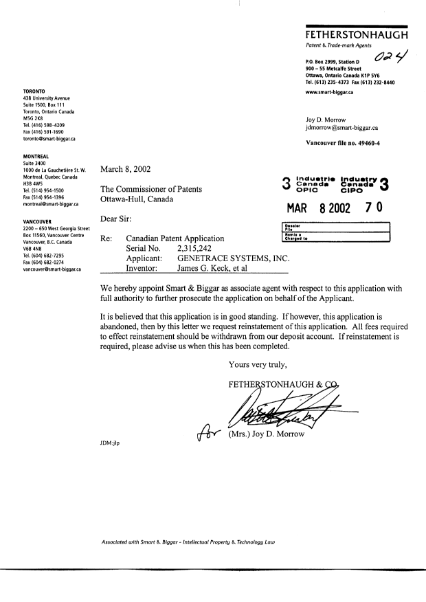 Document de brevet canadien 2315242. Correspondance 20020308. Image 1 de 1
