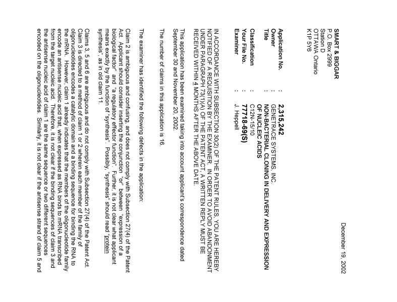 Document de brevet canadien 2315242. Poursuite-Amendment 20021219. Image 1 de 2