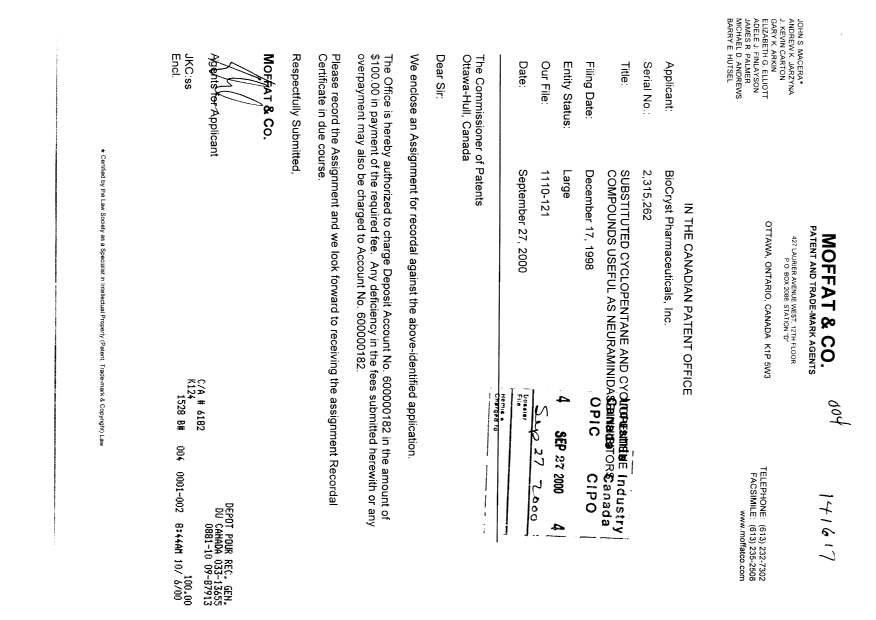 Document de brevet canadien 2315262. Cession 20000927. Image 1 de 2