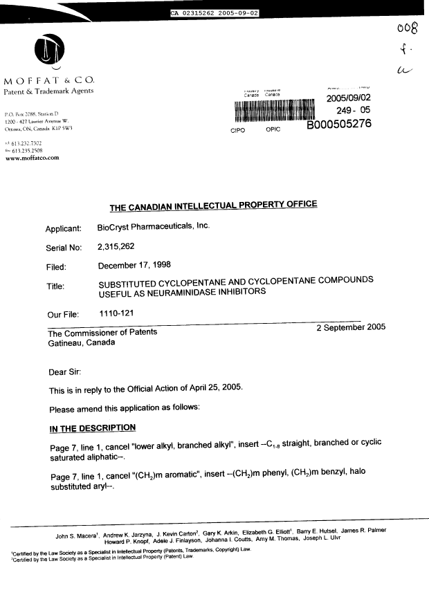 Document de brevet canadien 2315262. Poursuite-Amendment 20050902. Image 1 de 7