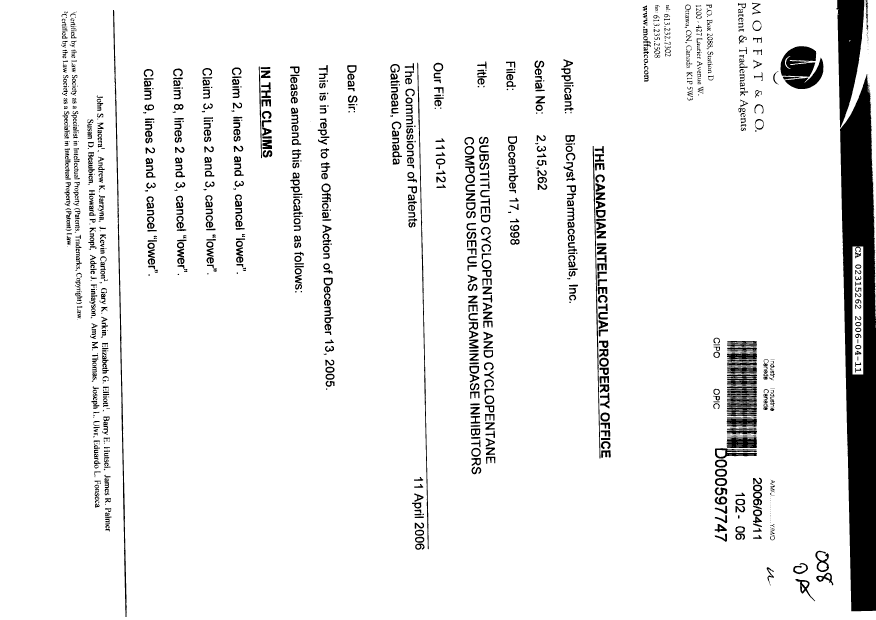 Document de brevet canadien 2315262. Poursuite-Amendment 20060411. Image 1 de 4