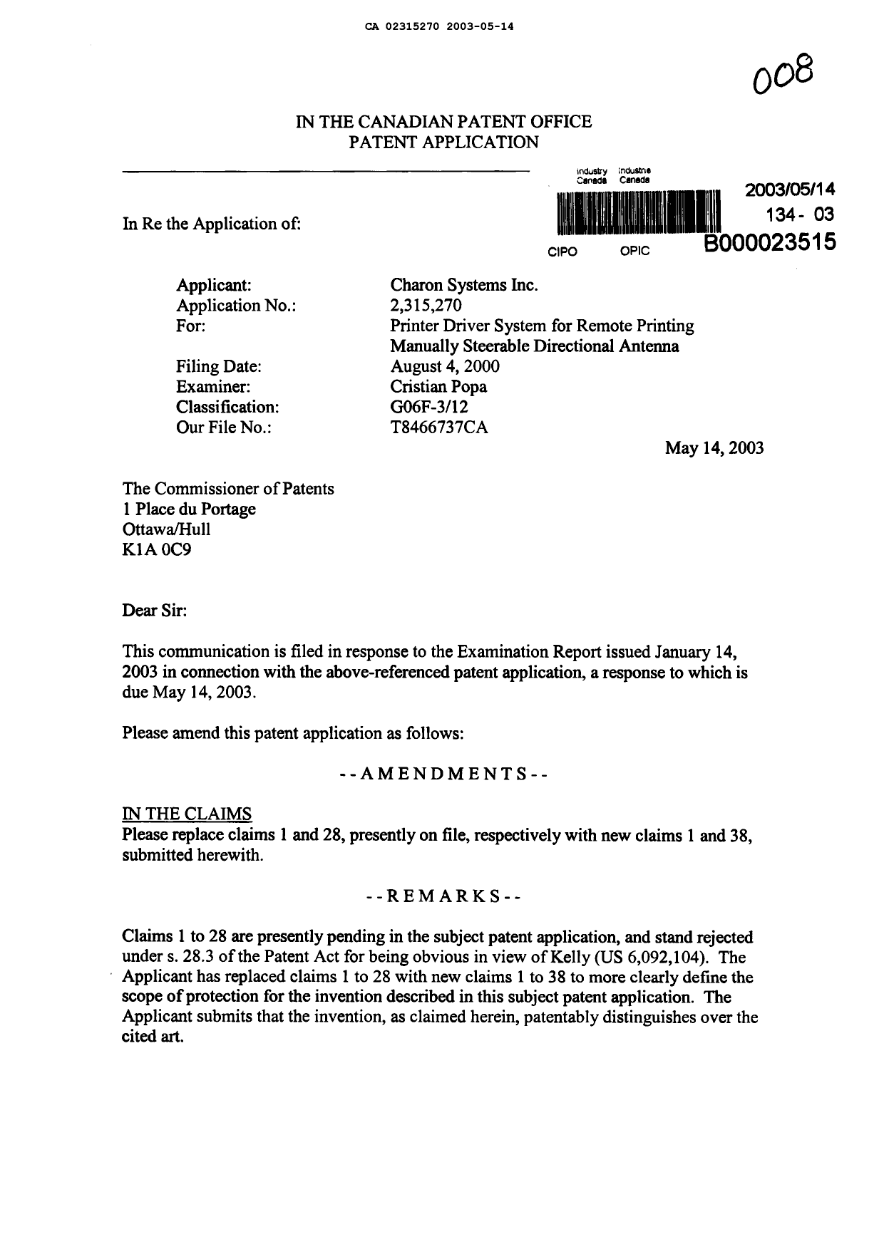Canadian Patent Document 2315270. Prosecution-Amendment 20030514. Image 1 of 13