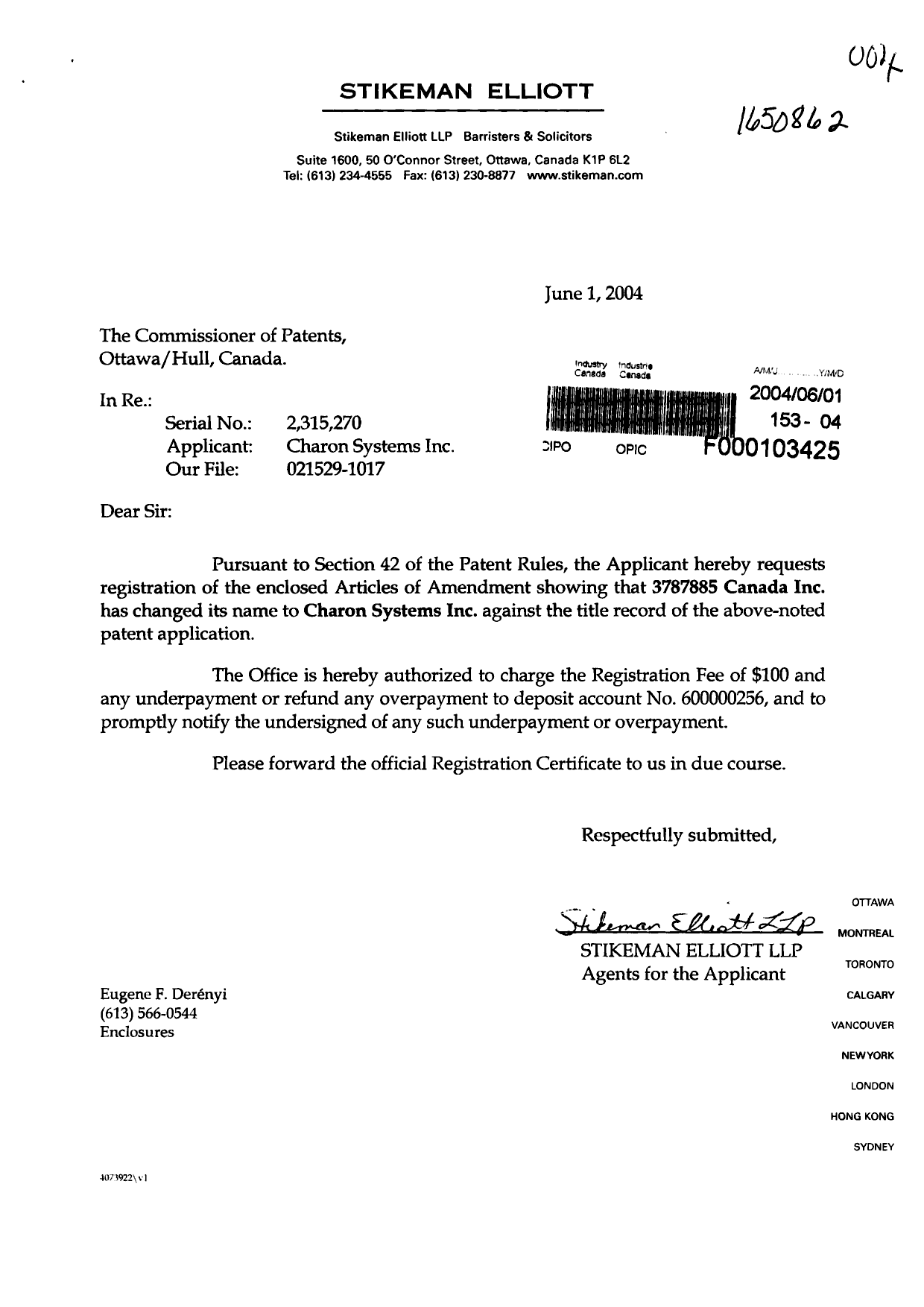 Document de brevet canadien 2315270. Cession 20040601. Image 1 de 4