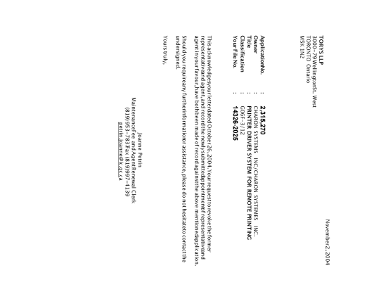 Document de brevet canadien 2315270. Correspondance 20041102. Image 1 de 1