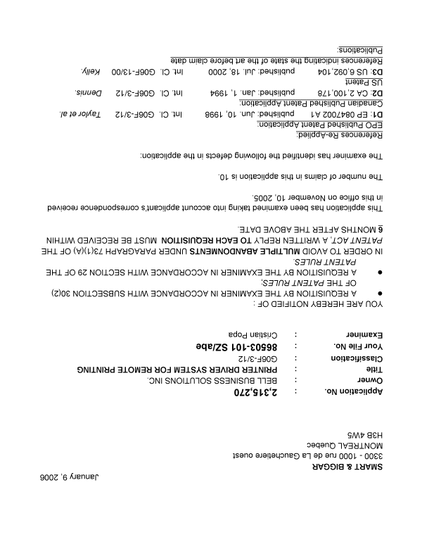 Canadian Patent Document 2315270. Prosecution-Amendment 20060109. Image 1 of 6