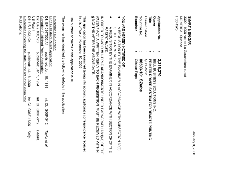 Document de brevet canadien 2315270. Poursuite-Amendment 20060109. Image 1 de 6