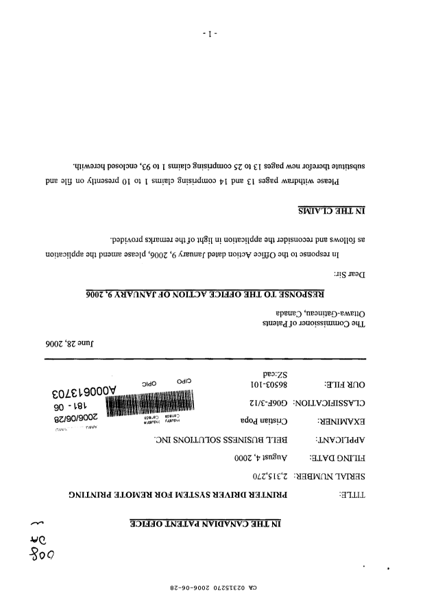 Canadian Patent Document 2315270. Prosecution-Amendment 20060628. Image 1 of 28