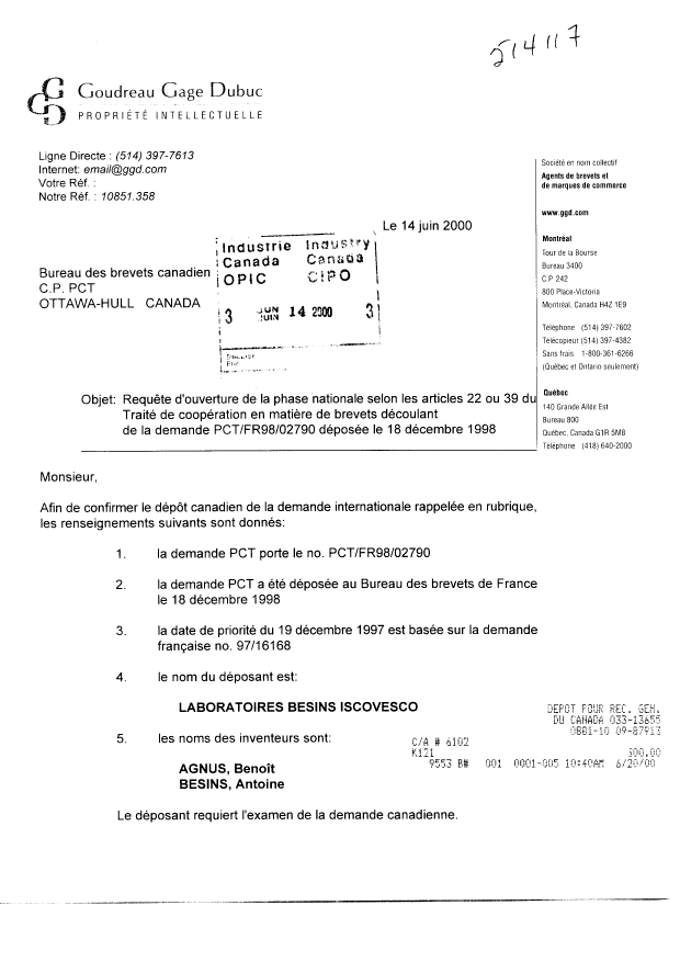 Canadian Patent Document 2315293. Assignment 20000614. Image 1 of 4
