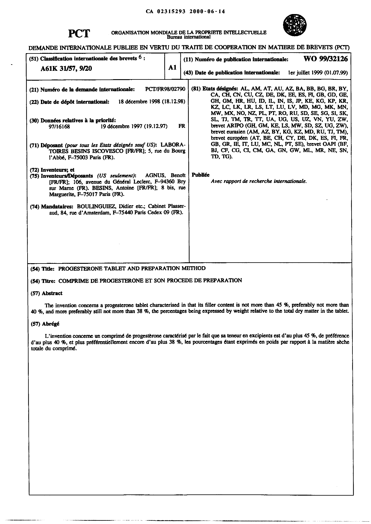 Document de brevet canadien 2315293. Abrégé 20000614. Image 1 de 1