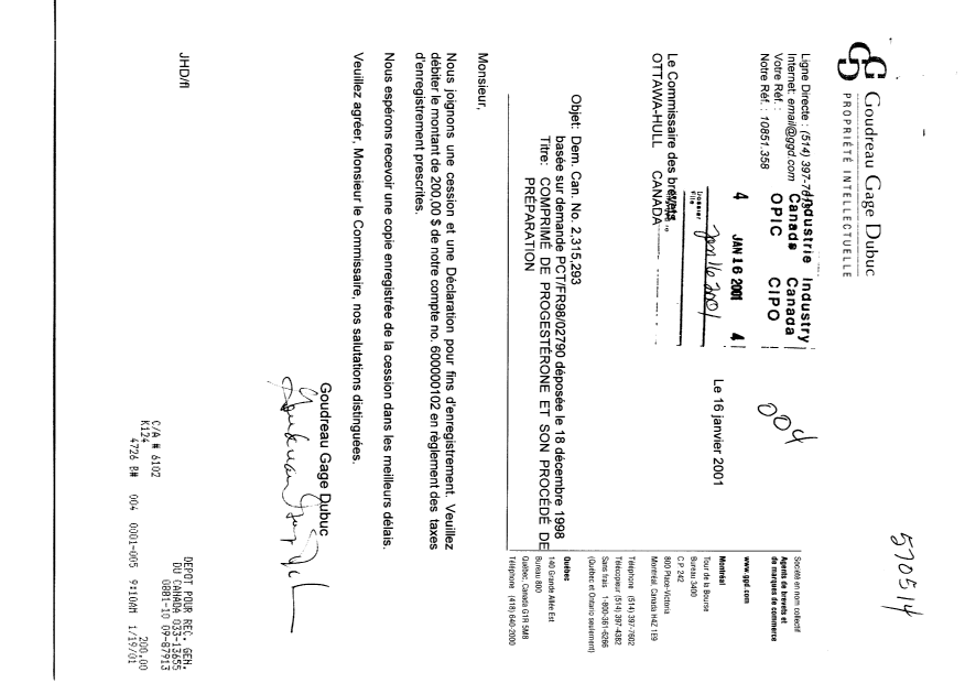 Document de brevet canadien 2315293. Cession 20010116. Image 1 de 4