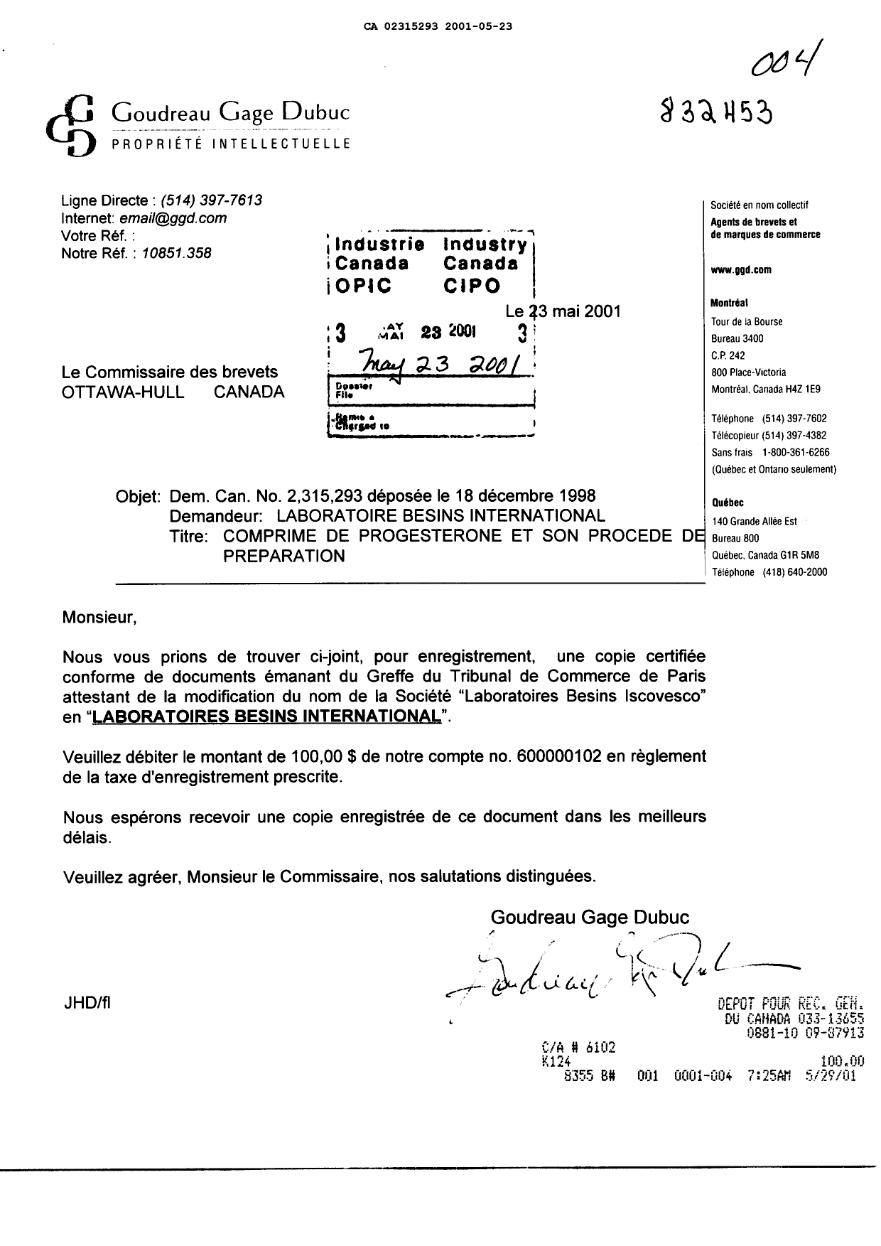 Document de brevet canadien 2315293. Cession 20010523. Image 1 de 9