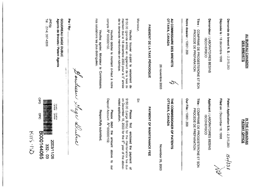Document de brevet canadien 2315293. Taxes 20031126. Image 1 de 1