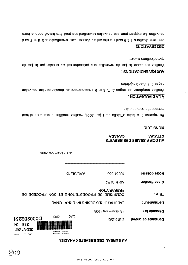 Canadian Patent Document 2315293. Prosecution-Amendment 20041201. Image 1 of 9
