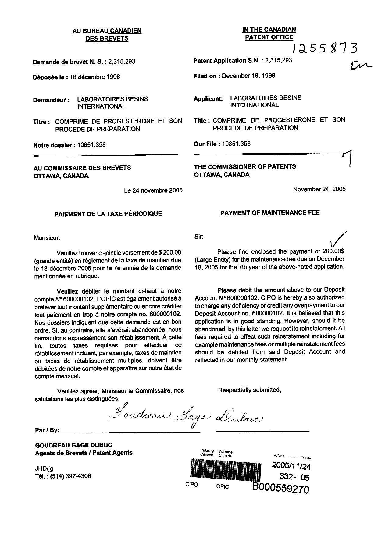 Document de brevet canadien 2315293. Taxes 20051124. Image 1 de 1