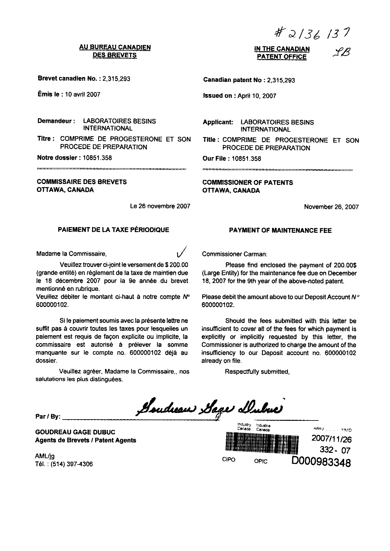Document de brevet canadien 2315293. Taxes 20071126. Image 1 de 1