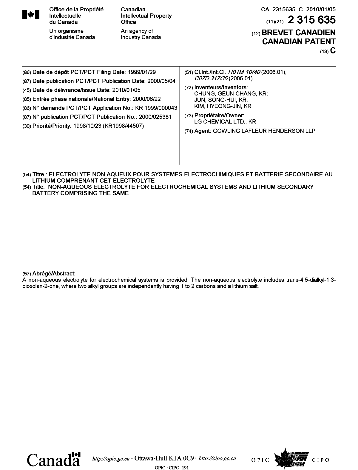 Canadian Patent Document 2315635. Cover Page 20091207. Image 1 of 1