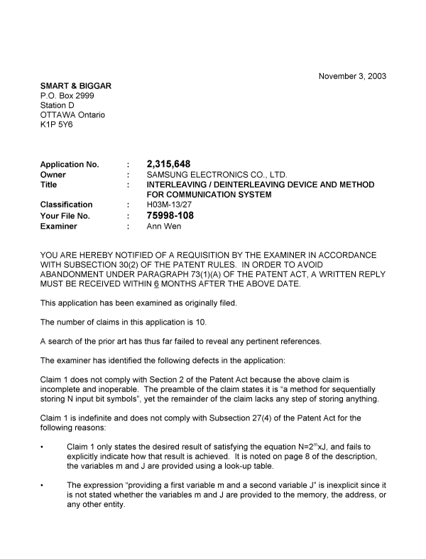 Document de brevet canadien 2315648. Poursuite-Amendment 20031103. Image 1 de 2