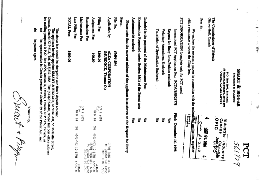 Document de brevet canadien 2315659. Cession 20000621. Image 1 de 3