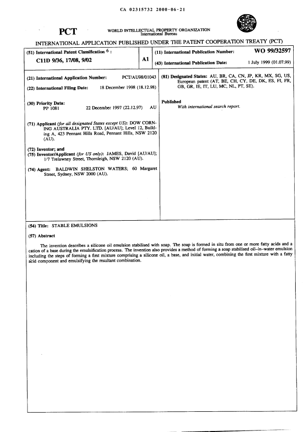 Document de brevet canadien 2315732. Abrégé 20000621. Image 1 de 1