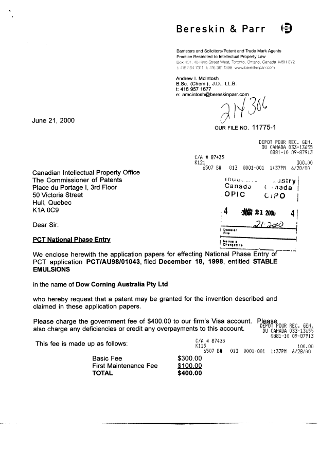 Document de brevet canadien 2315732. Cession 20000621. Image 1 de 4