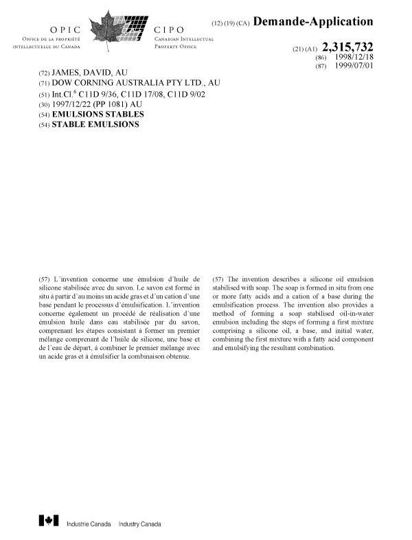 Document de brevet canadien 2315732. Page couverture 20000925. Image 1 de 1