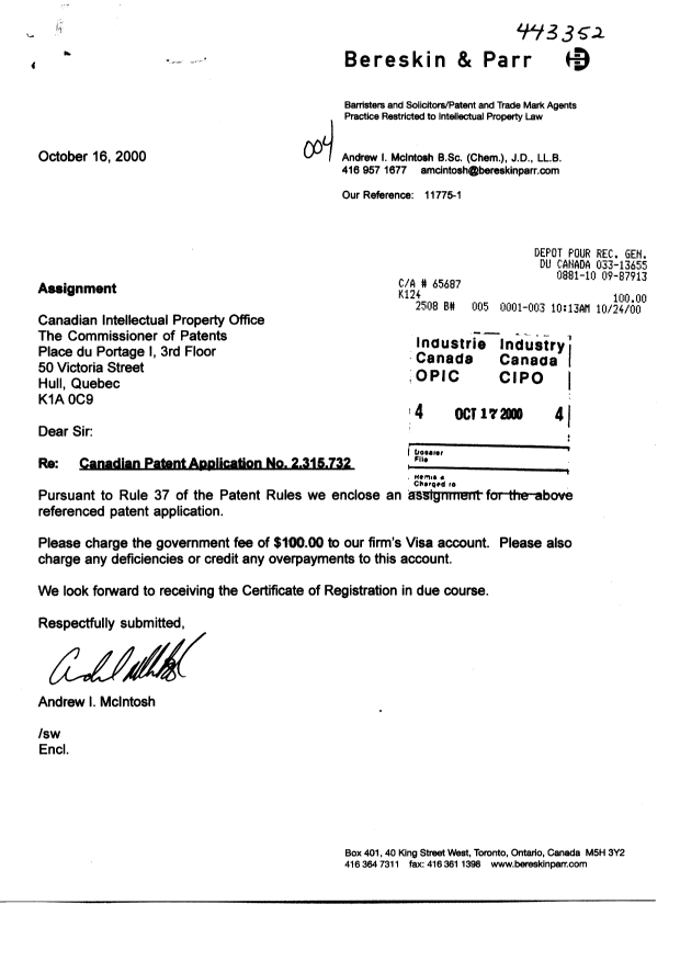 Document de brevet canadien 2315732. Cession 20001017. Image 1 de 2