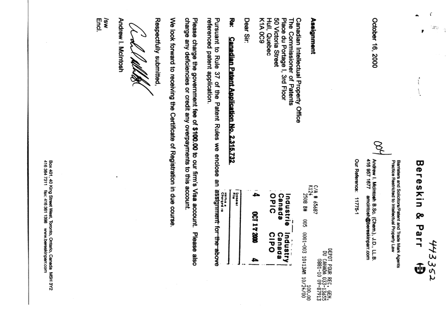 Canadian Patent Document 2315732. Assignment 20001017. Image 1 of 2